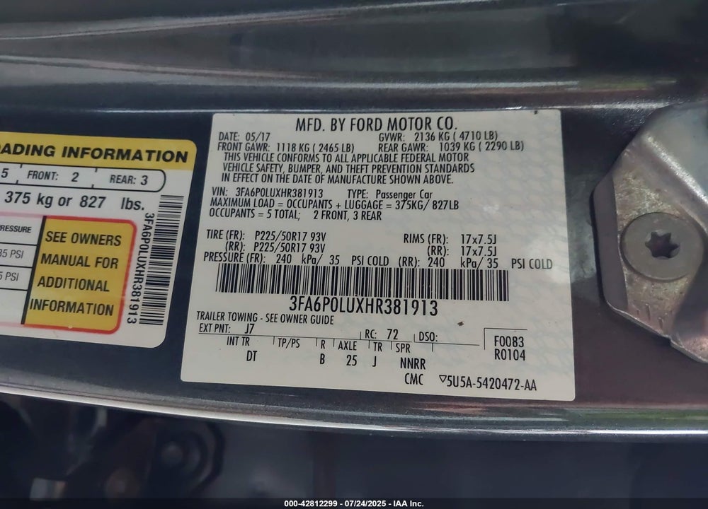 2017 FORD FUSION VIN: 3FA6P0LUXHR381913