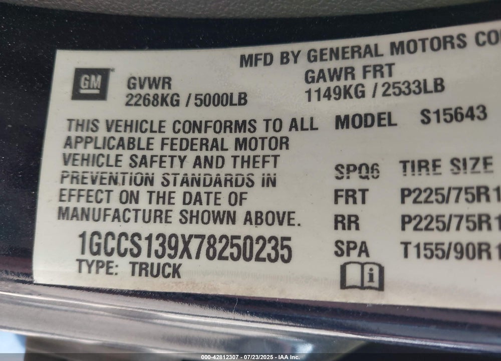 2007 CHEVROLET COLORADO LT VIN: 1GCCS139X78250235