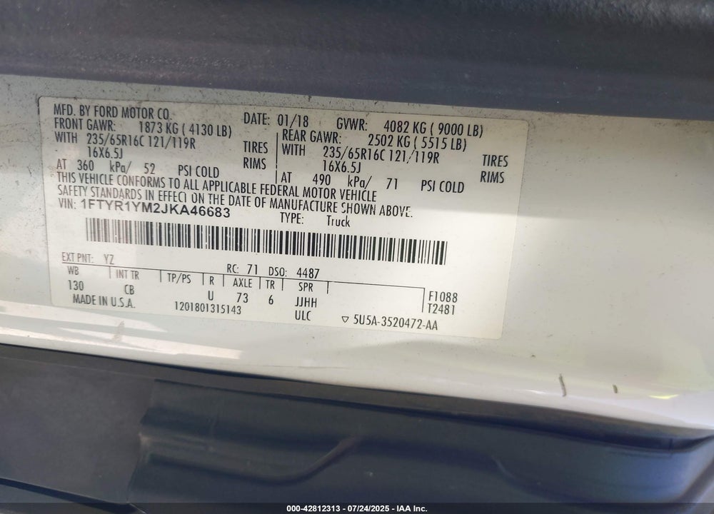 2018 FORD TRANSIT-250 VIN: 1FTYR1YM2JKA46683