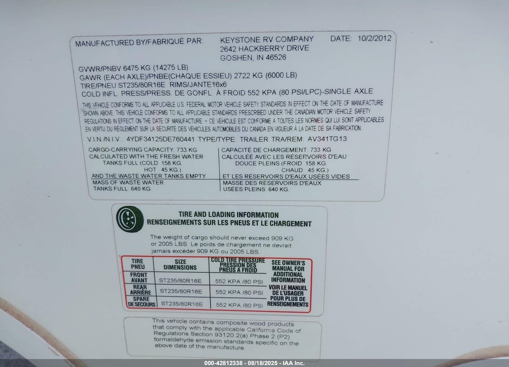 2013 KEYSTONE AVALANCHE VIN: 4YDF34125DE760441