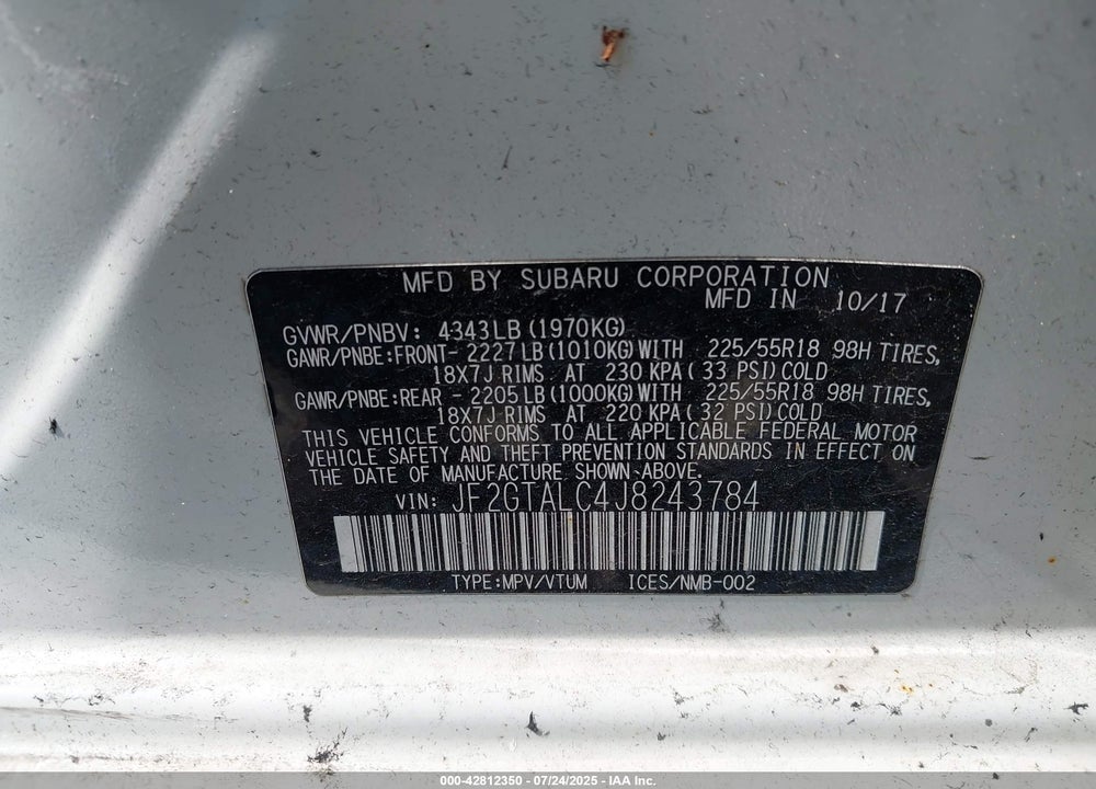 2018 SUBARU CROSSTREK VIN: JF2GTALC4J8243784