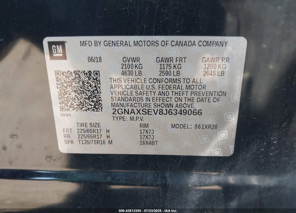 2018 CHEVROLET EQUINOX VIN: 2GNAXSEV8J6349066