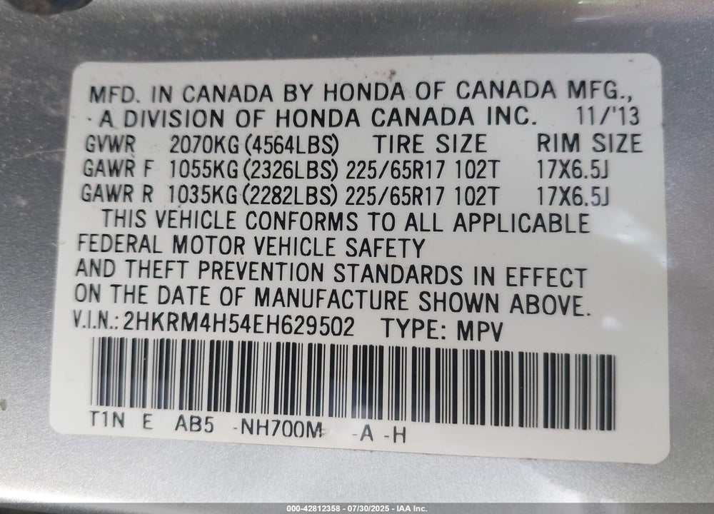2014 HONDA CR-V VIN: 2HKRM4H54EH629502