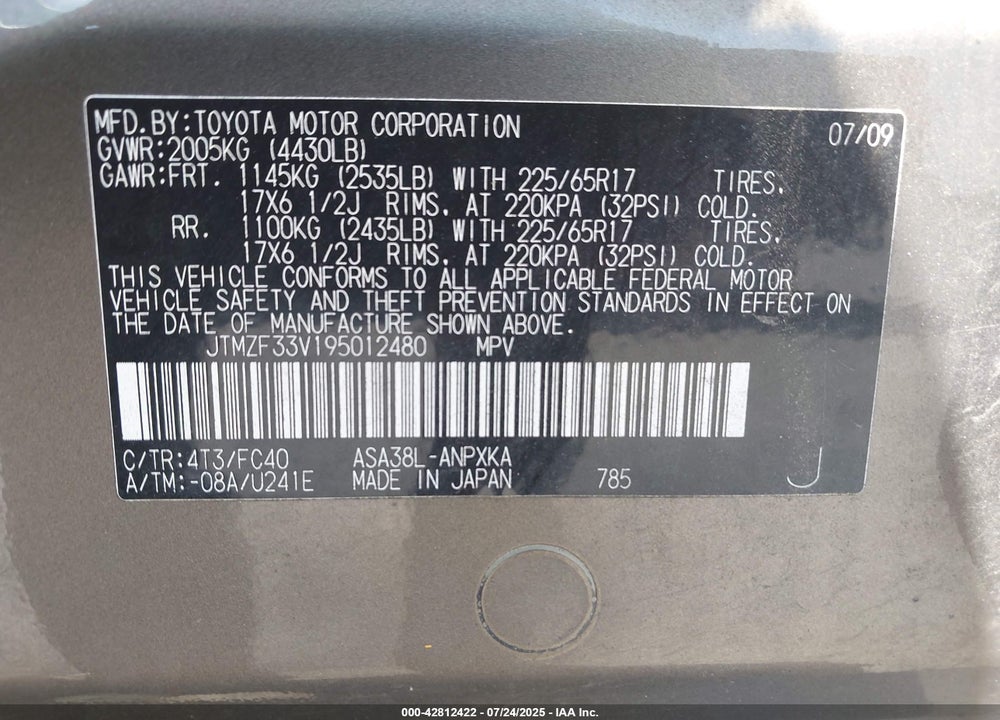 2009 TOYOTA RAV4 VIN: JTMZF33V195012480