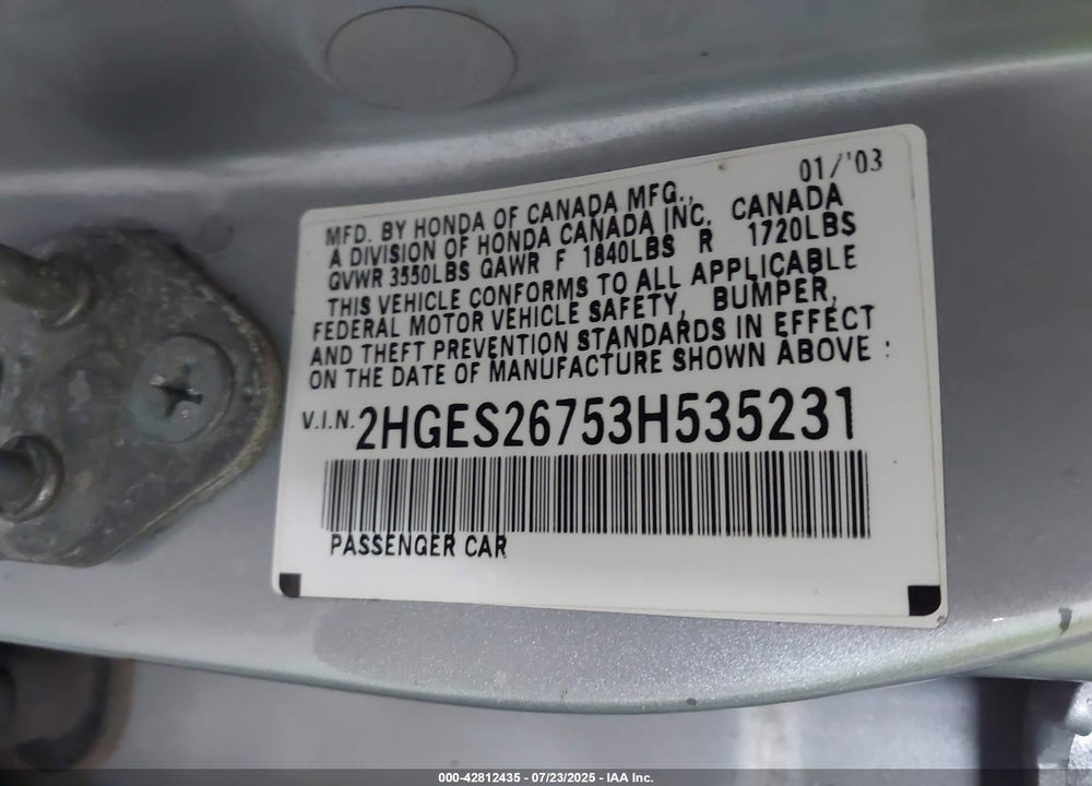 2003 HONDA CIVIC EX VIN: 2HGES26753H535231