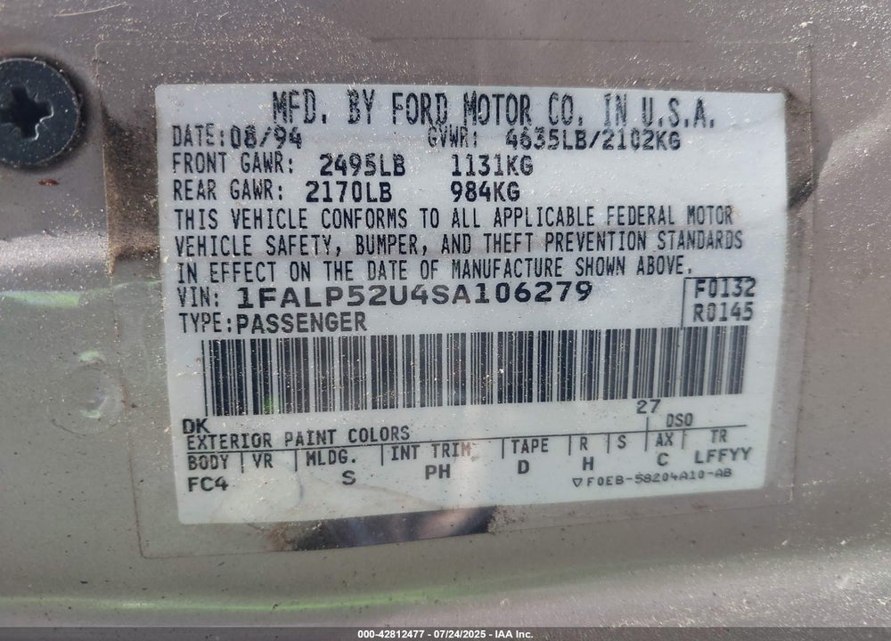 1995 FORD TAURUS GL/SE VIN: 1FALP52U4SA106279