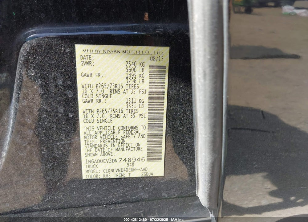 2013 NISSAN FRONTIER VIN: 1N6AD0EV2DN748946