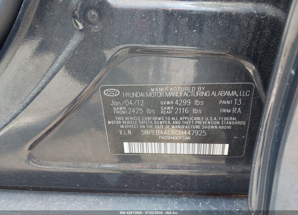 2012 HYUNDAI SONATA VIN: 5NPEB4AC6CH447925