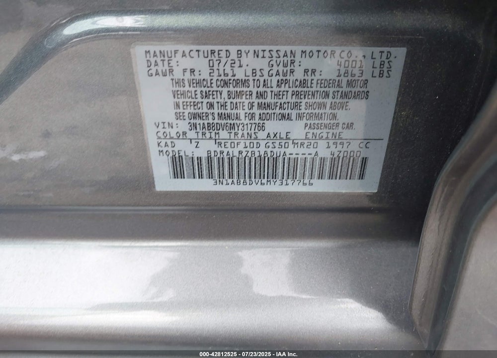 2021 NISSAN SENTRA VIN: 3N1AB8DV6MY317766