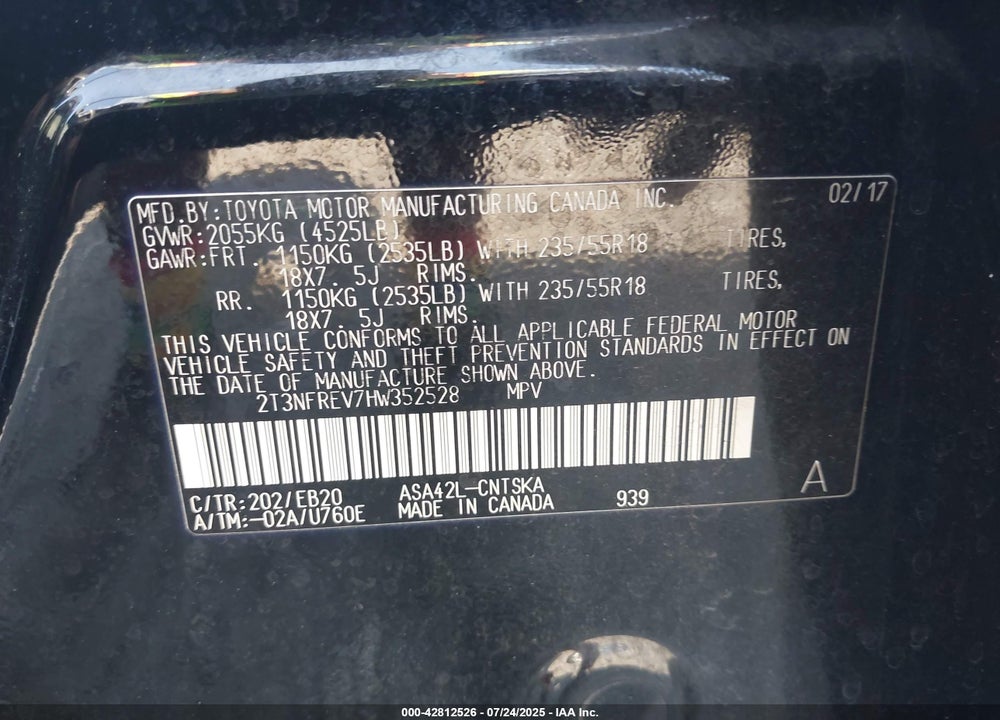 2017 TOYOTA RAV4 VIN: 2T3NFREV7HW352528