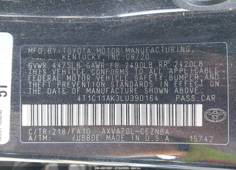 2020 TOYOTA CAMRY VIN: 4T1C11AK3LU390164