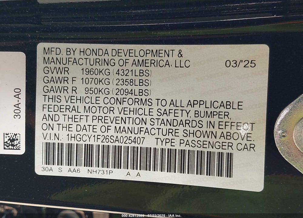 2025 HONDA ACCORD LX VIN: 1HGCY1F26SA025407