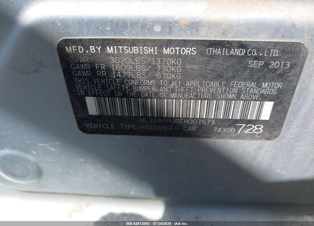 2014 MITSUBISHI MIRAGE VIN: ML32A4HJ6EH007573