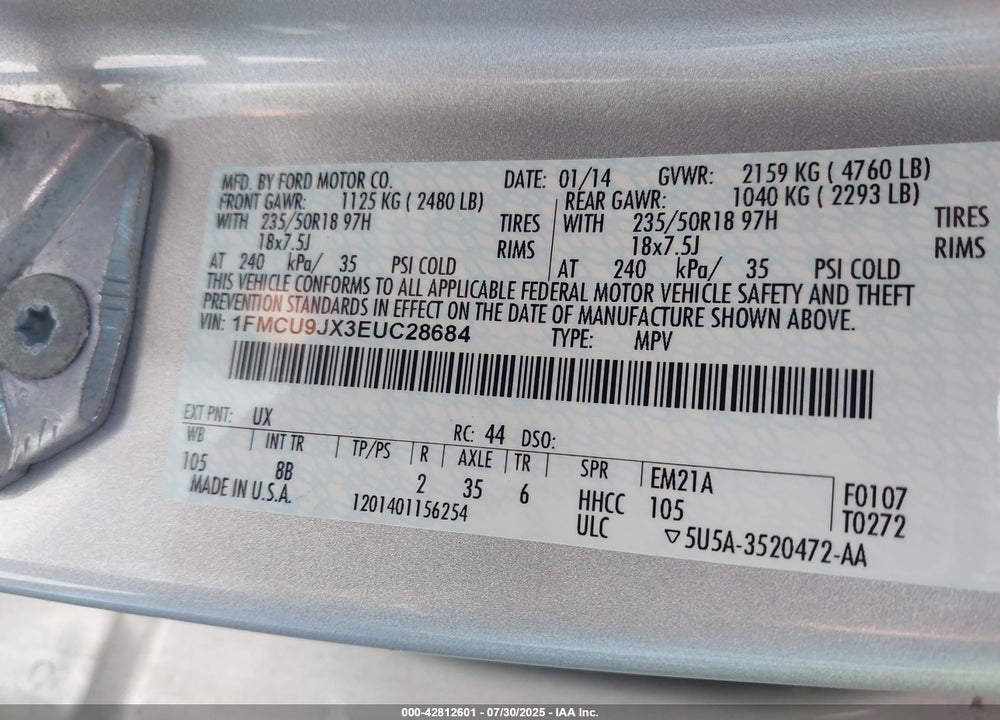 2014 FORD ESCAPE VIN: 1FMCU9JX3EUC28684