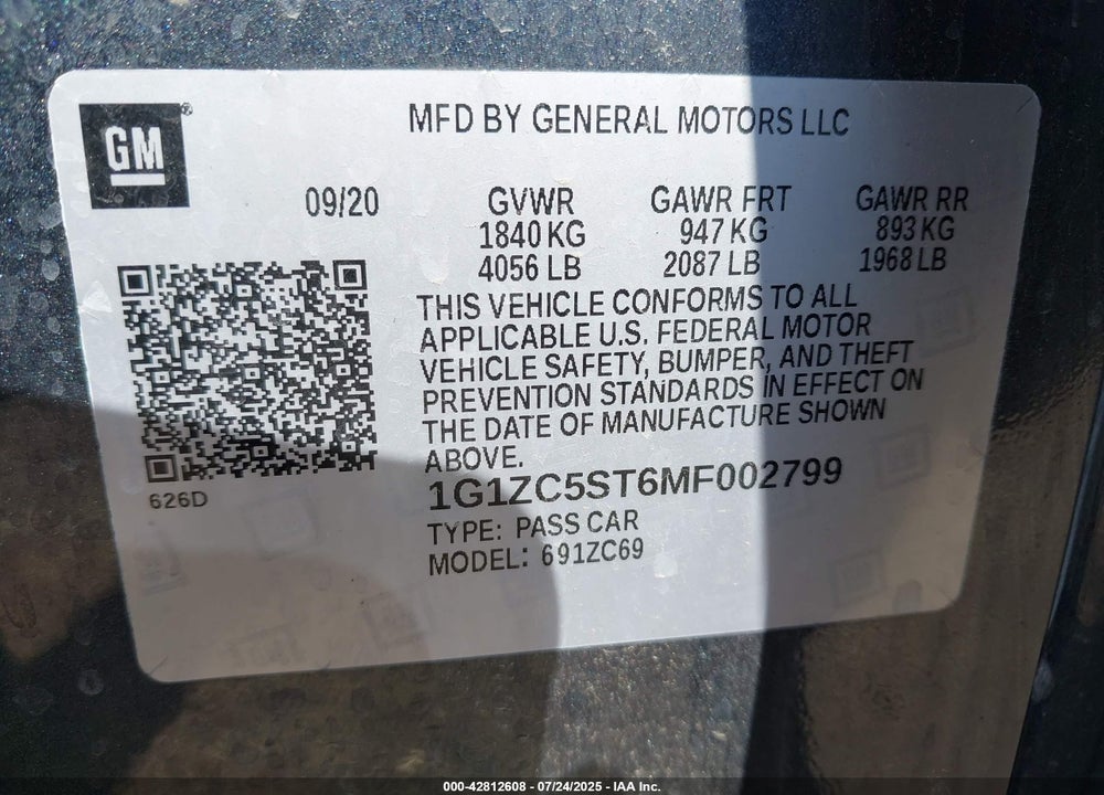 2021 CHEVROLET MALIBU VIN: 1G1ZC5ST6MF002799