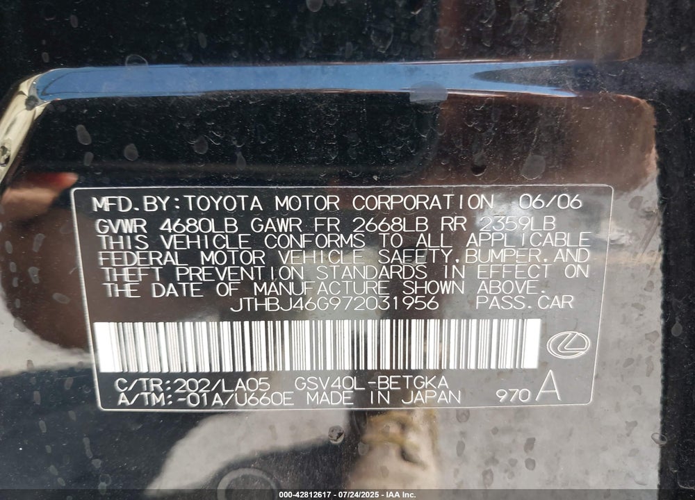 2007 LEXUS ES 350 VIN: JTHBJ46G972031956