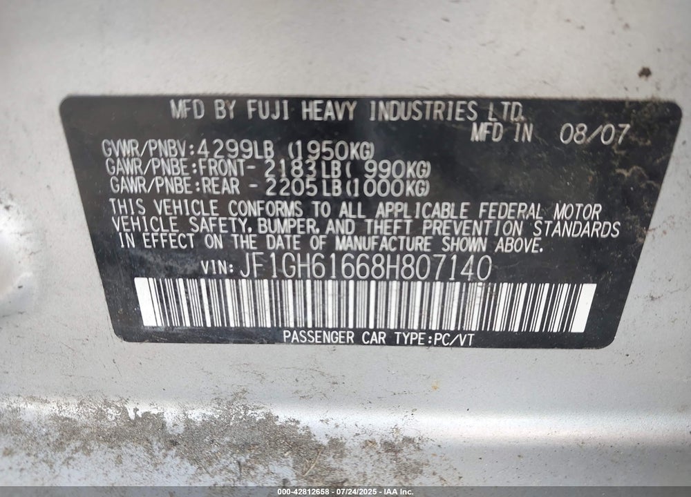2008 SUBARU IMPREZA VIN: JF1GH61668H807140