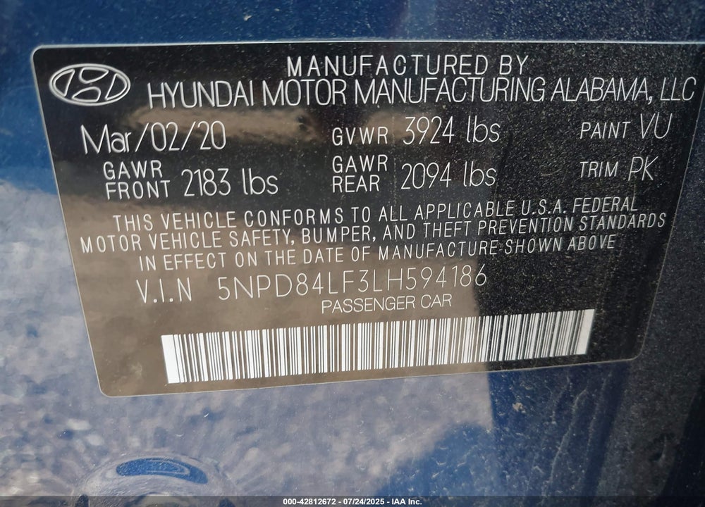 2020 HYUNDAI ELANTRA VIN: 5NPD84LF3LH594186
