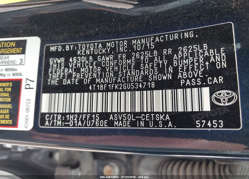 2016 TOYOTA CAMRY VIN: 4T1BF1FK2GU534718