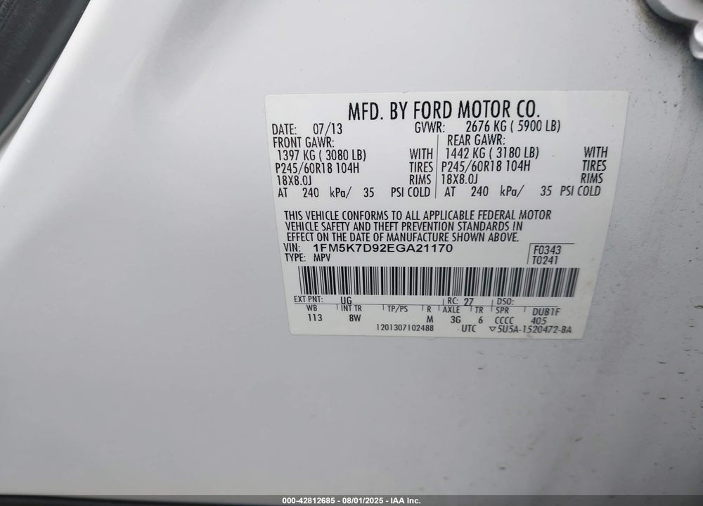 2014 FORD EXPLORER XLT VIN: 1FM5K7D92EGA21170