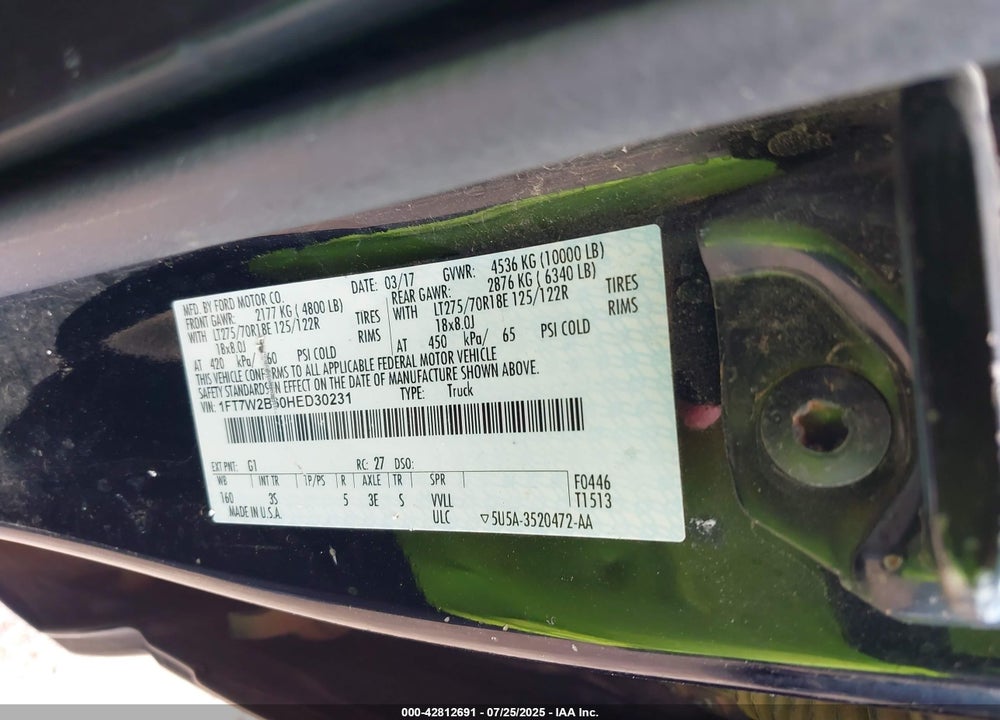 2017 FORD F-250 VIN: 1FT7W2B60HED30231
