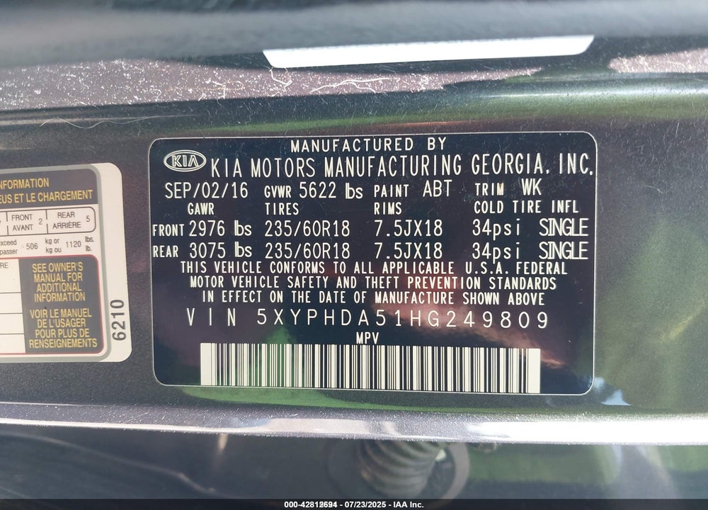 2017 KIA SORENTO VIN: 5XYPHDA51HG249809