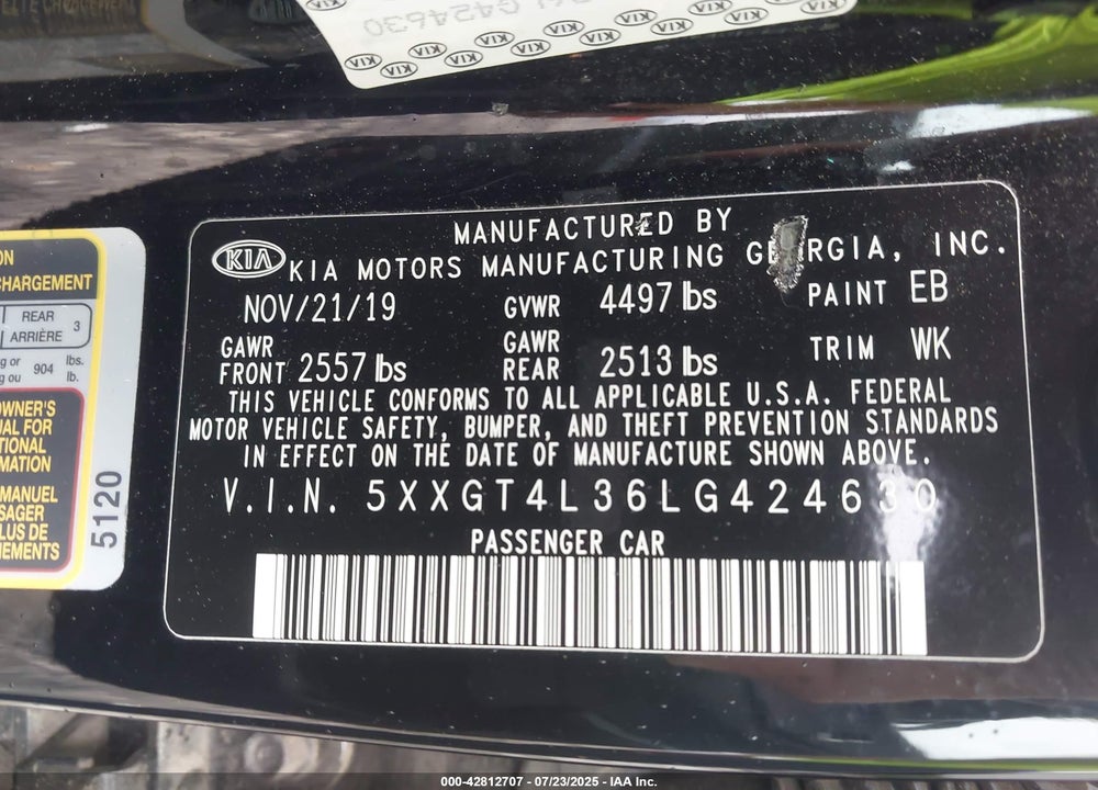 2020 KIA OPTIMA VIN: 5XXGT4L36LG424630