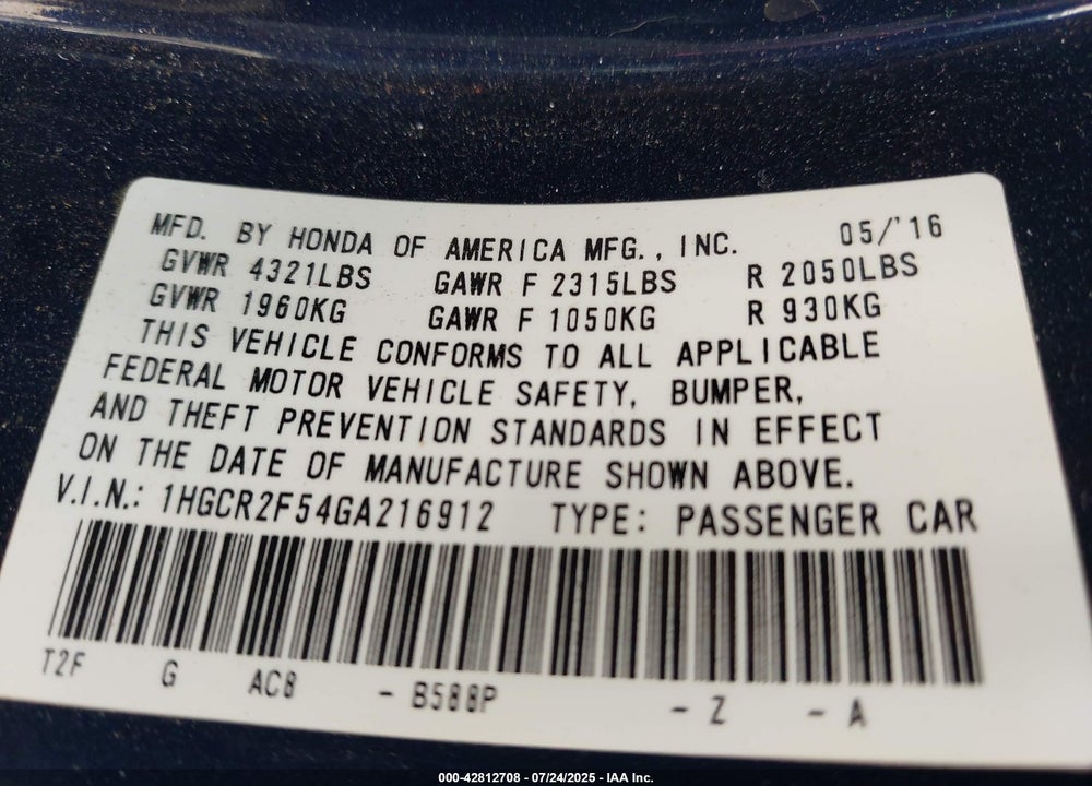 2016 HONDA ACCORD SPORT VIN: 1HGCR2F54GA216912