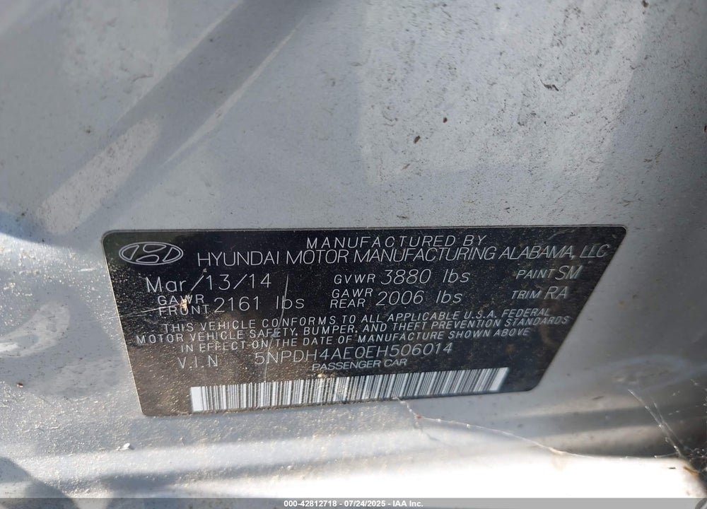 2014 HYUNDAI ELANTRA LIMITED VIN: 5NPDH4AE0EH506O14