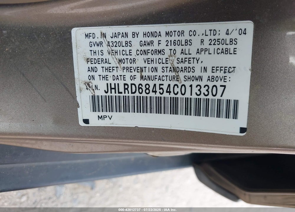 2004 HONDA CR-V LX VIN: JHLRD68454C013307