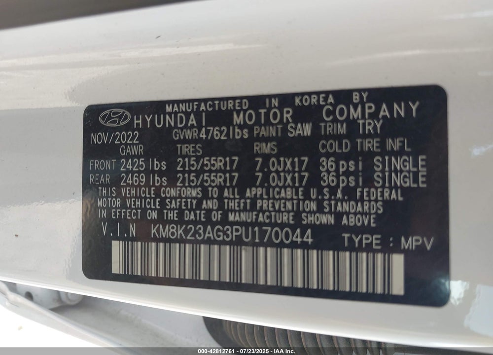2023 HYUNDAI KONA VIN: KM8K23AG3PUA70044