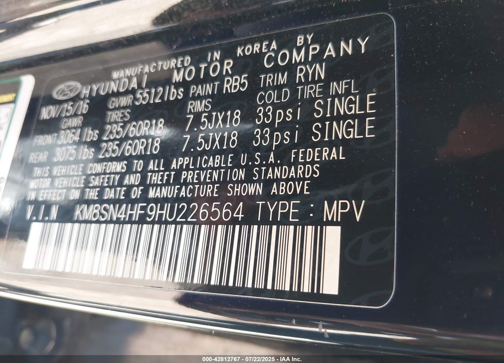 2017 HYUNDAI SANTA FE SE VIN: KM8SN4HF9HU226564