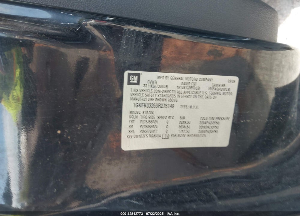 2009 GMC YUKON VIN: 1GKFK03259R275149
