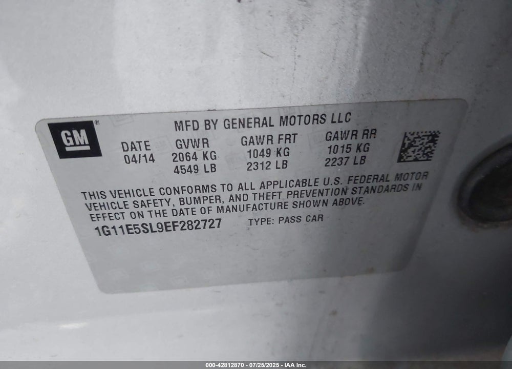 2014 CHEVROLET MALIBU VIN: 1G11E5SL9EF282727
