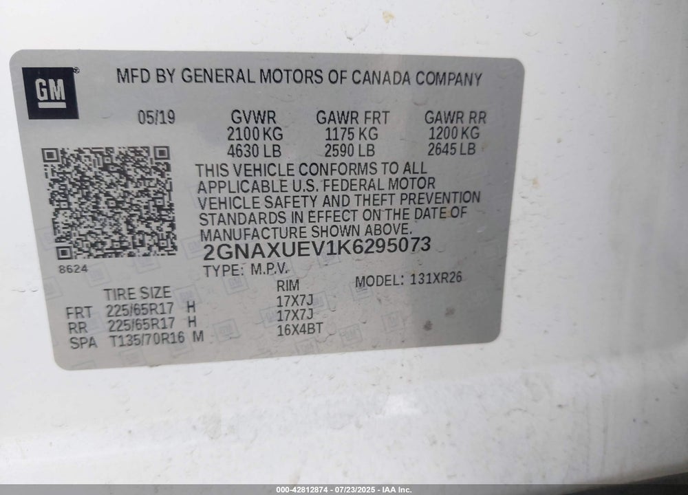 2019 CHEVROLET EQUINOX VIN: 2GNAXUEV1K6295073