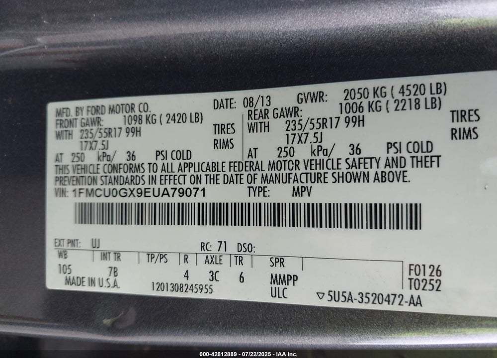 2014 FORD ESCAPE VIN: 1FMCU0GX9EUA79071