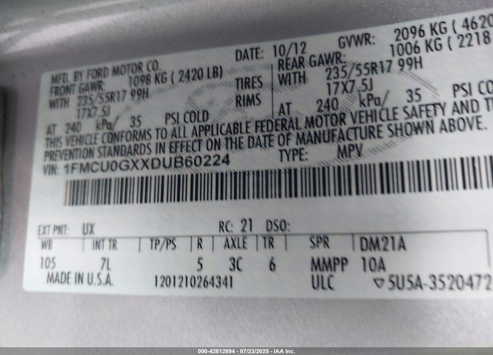 2013 FORD ESCAPE VIN: 1FMCU0GXXDUB60224
