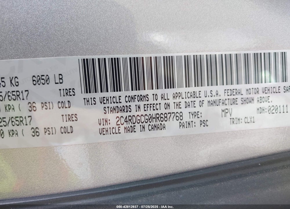 2017 DODGE GRAND CARAVAN SXT VIN: 2C4RDGCG0HR687768