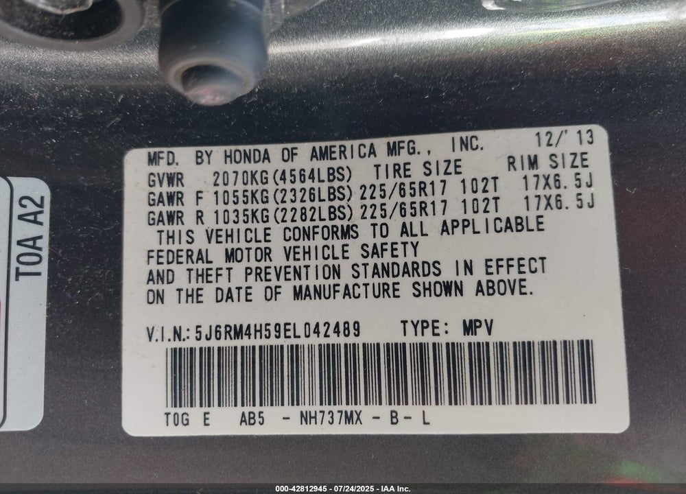 2014 HONDA CR-V VIN: 5J6RM4H59EL042489