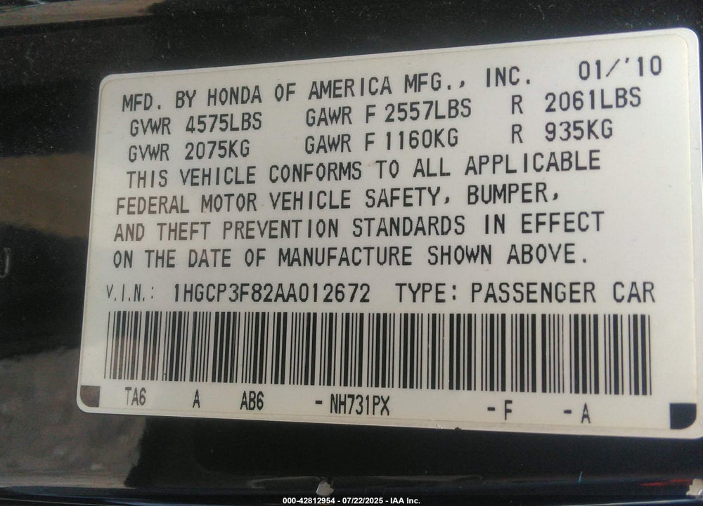 2010 HONDA ACCORD VIN: 1HGCP3F82AA012672