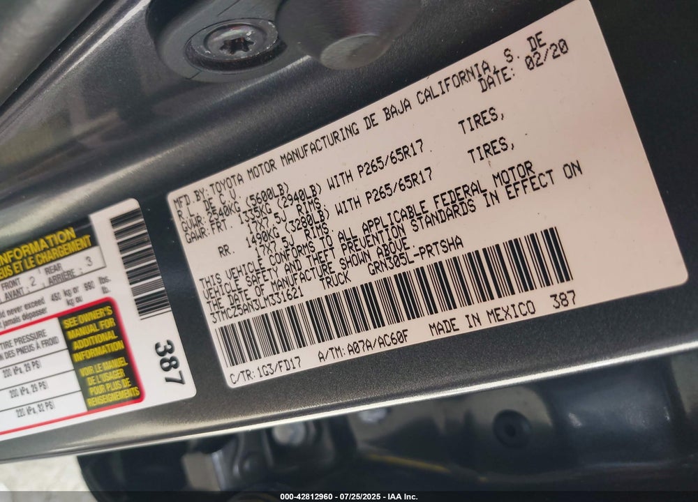 2020 TOYOTA TACOMA VIN: 3TMCZ5AN3LM331621