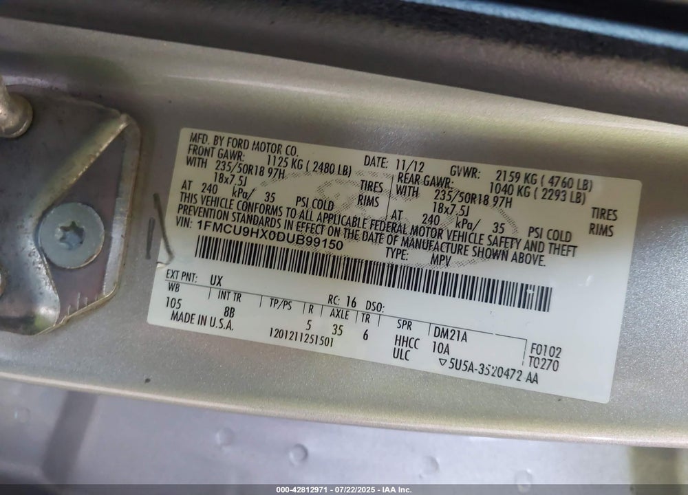 2013 FORD ESCAPE VIN: 1FMCU9HX0DUB99150