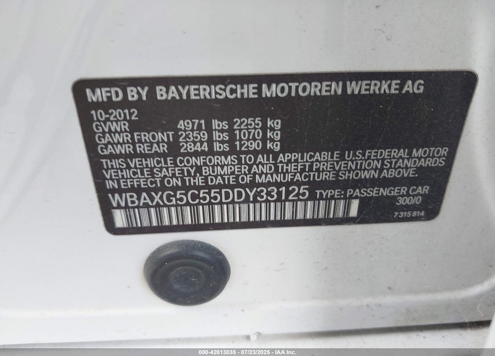 2013 BMW 5 SERIES VIN: WBAXG5C55DDY33125