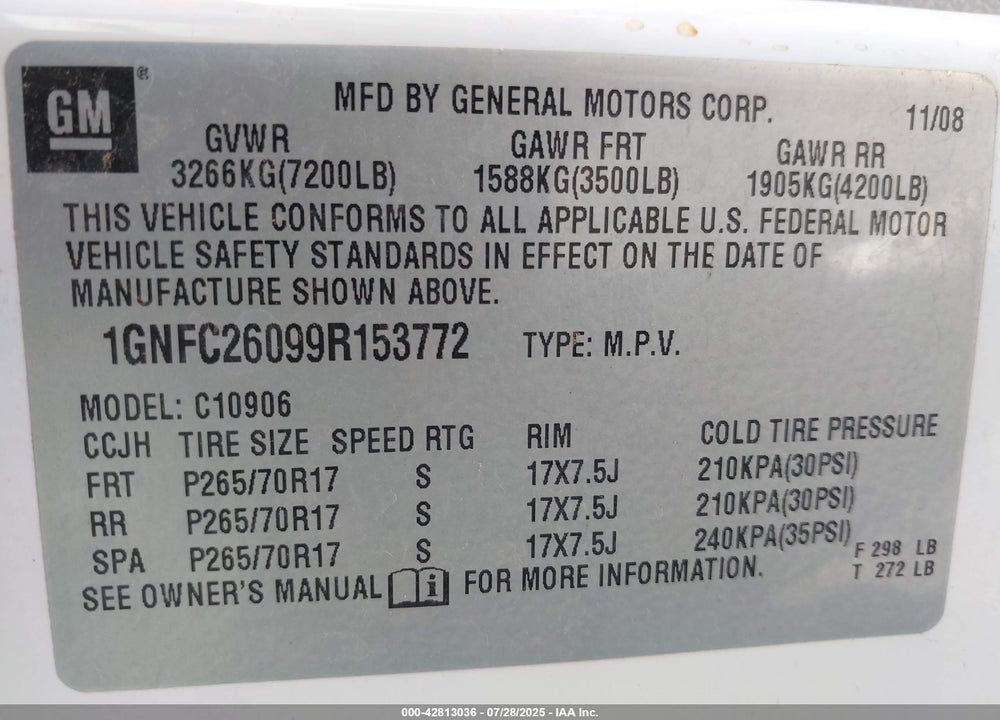 2009 CHEVROLET SUBURBAN 1500 VIN: 1GNFC26099R153772
