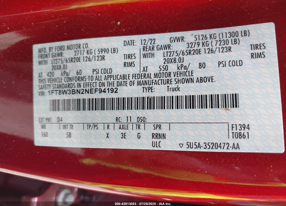 2022 FORD F-350 LARIAT VIN: 1FT8W3BN2NEF94192