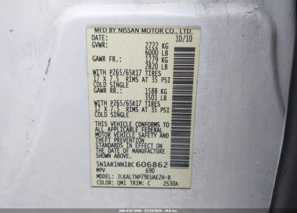 2011 NISSAN PATHFINDER VIN: 5N1AR1NN1BC606862