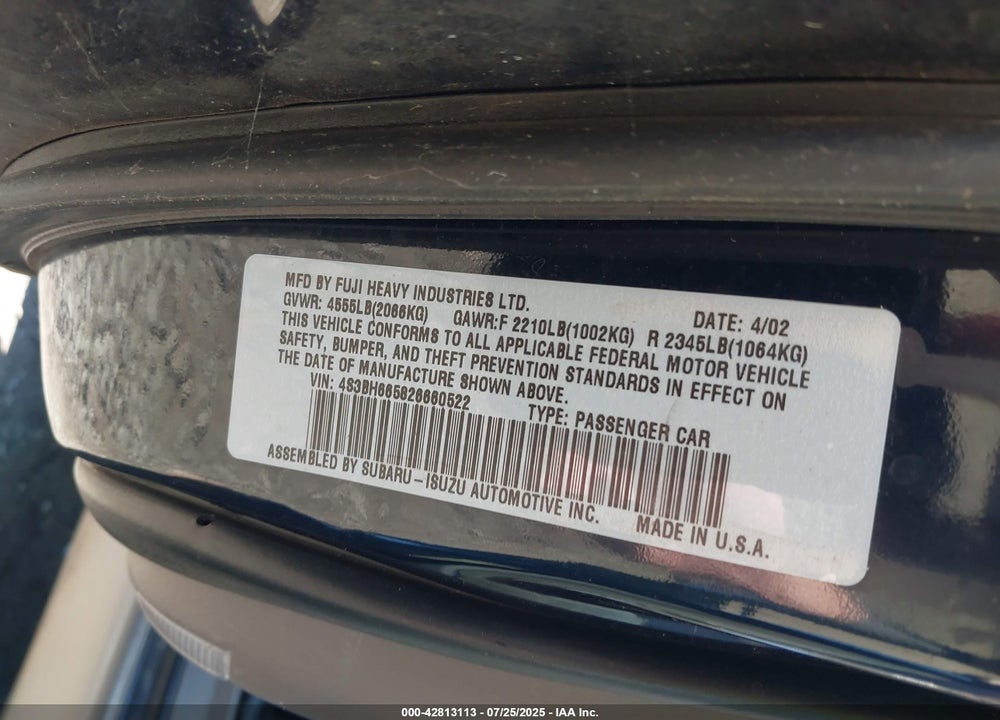 2002 SUBARU OUTBACK VIN: 4S3BH665826660522