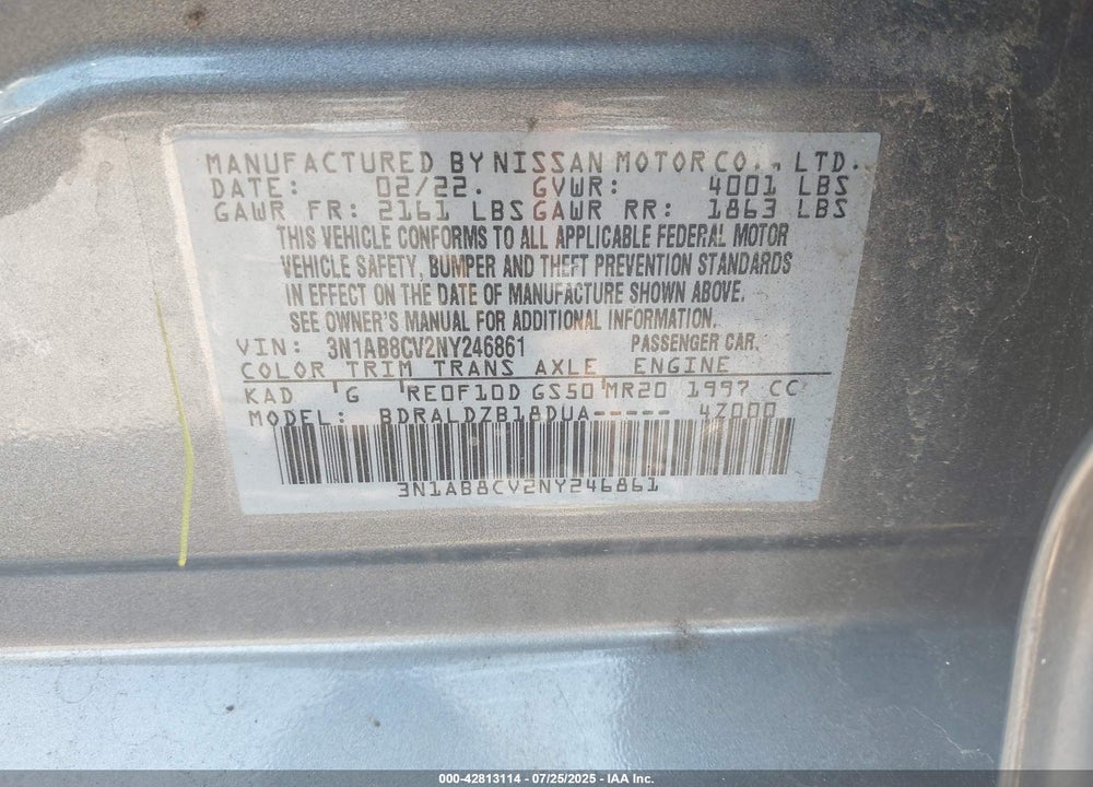 2022 NISSAN SENTRA VIN: 3N1AB8CV2NY246861