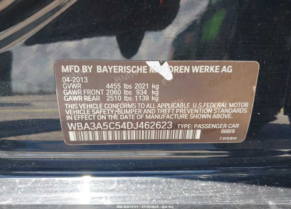 2013 BMW 3 SERIES VIN: WBA3A5C54DJ462623