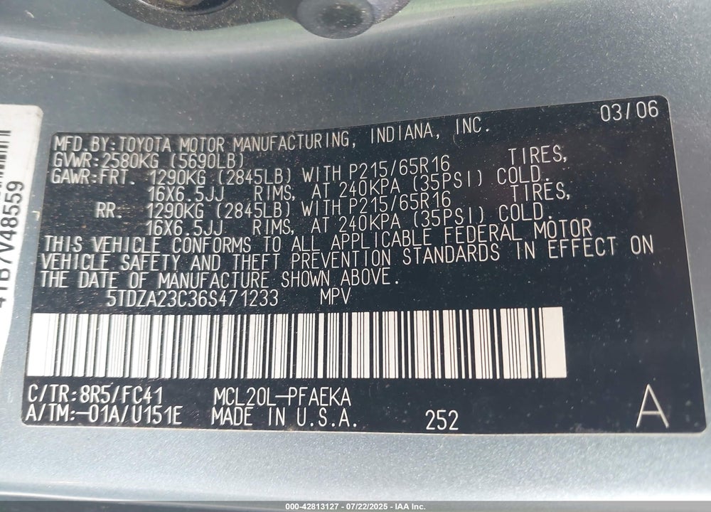 2006 TOYOTA SIENNA LE VIN: 5TDZA23C36S471233
